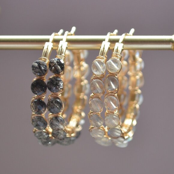 Black Rutilated Quartz Wire Wrapped Gold Hoops - Picture 11 of 11